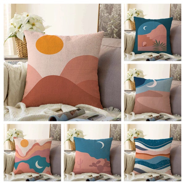 Sun Moon Cushion Cover, Mid Century Modern Pillow Case, Abstract Living Room Decor, Sahra Pattern Bedroom Decoration, Minimalist Drawings