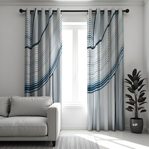 Modern Blue Stripe Curtains, Wave Pattern Window Panels, Minimalist Living Room Drapes, Custom Sizes Navy White Window Treatments