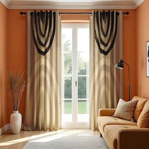 Modern Boho Neutral Curtains, Minimalist Arch Print Drapes in Beige and Black, Scandinavian Style Window Panels for Living Room or Bedroom
