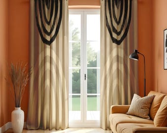 Cortinas modernas de estilo bohemio neutro, con estampado de arco