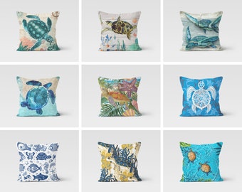 Caretta Pattern Decorative Pillow Cover/Sea Turtle Throw Pillow/Sea Pillow Cover/Decor Home Pillow/Blue and Turquoise Pillow Case/Yacht Boat