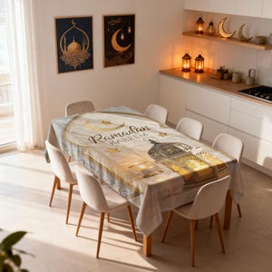 Könnte beinhalten: Ein rechteckiges Tischtuch mit einem goldenen und beigen Design, das einen Halbmond, Sterne und eine Laterne zeigt. Die Worte "Ramadan KAREEM" sind auf dem Tischtuch geschrieben. Der Tisch ist von sechs beigen Stühlen umgeben.