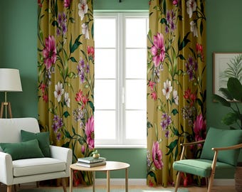 Floral Botanical Curtains, Pink & Purple Bloom Pattern Garden Print Drapes, Made to Measure Window Curtain Panels
