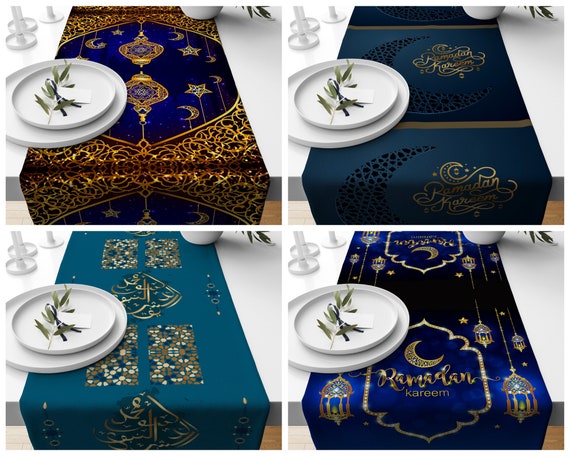Chemin De Table Eid Mubarak Blanc Or 183x33cm - Décoration Ramadan Avec Étoiles Et Lune, Parfait Pour Fêtes Et Umrah