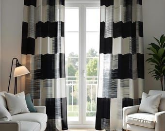 Cortinas modernas a cuadros en blanco y negro, cortinas
