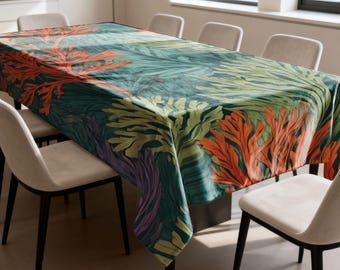Tropical Botanical Tablecloth, Colorful Leaf Print Dining Table Cover, Modern Nature Table Linen for Kitchen & Dining