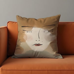 Abstraktes Gesicht Kunst Kissenbezug, Minimalistische Linie Zeichnung Dekokissen Bezug, Neutrales Aquarell Portrait Design, modernes Boho Wohndekor
