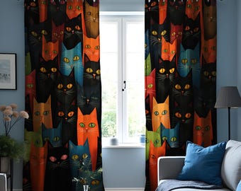 Rideaux colorés pour chats, Drapé têtes de chat aux couleurs vives, Motif animalier moderne, Options de dimensions personnalisées, Parure de fenêtre ludique pour les amoureux des animaux de compagnie
