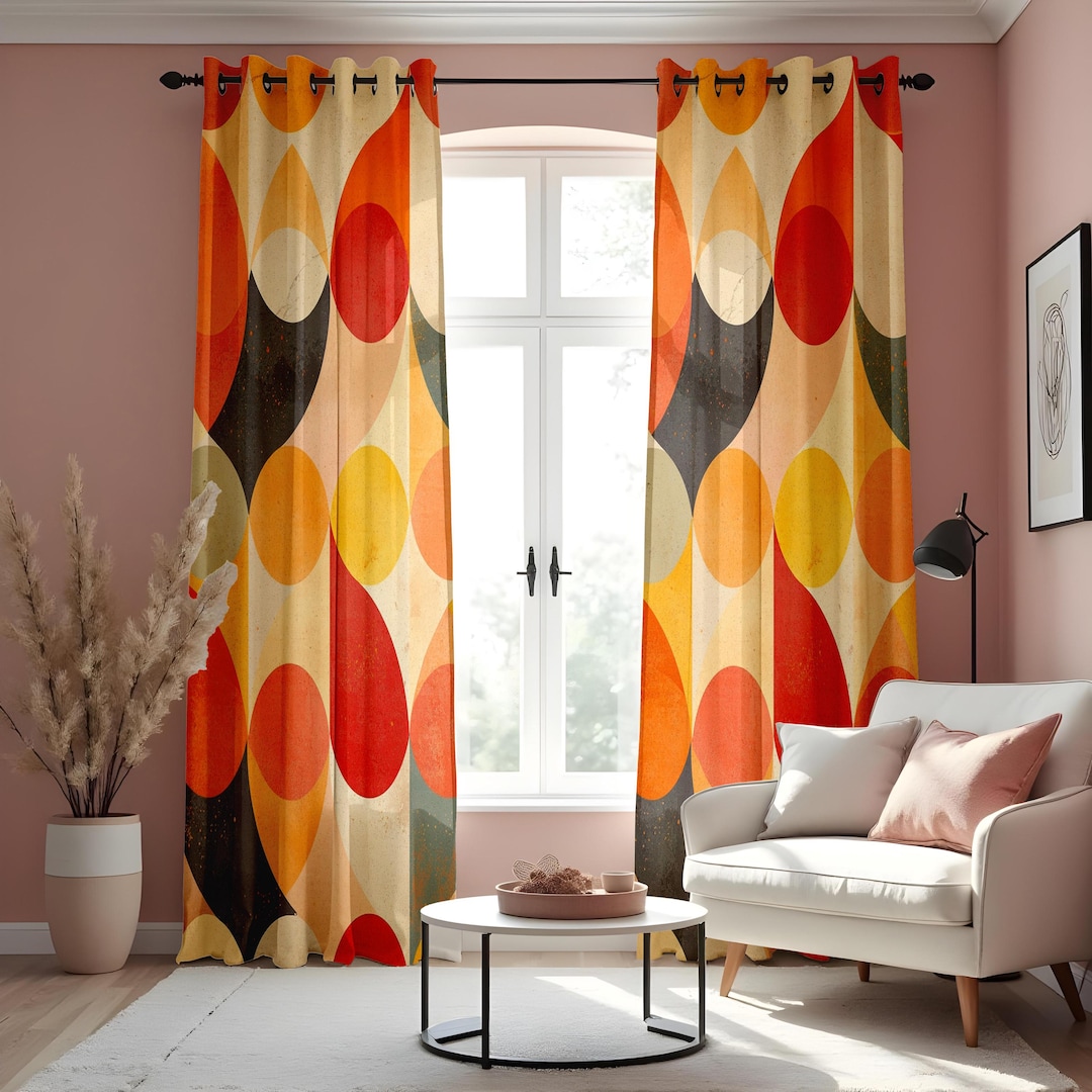Retro Abstract Circles Curtains, Mid-...