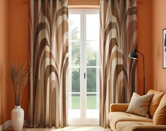 Retro Wave Stripe Curtains, Brown Earth Tone Drapes, Boho Arch Pattern Panels, Made to Measure Modern Living Room Window Treatment