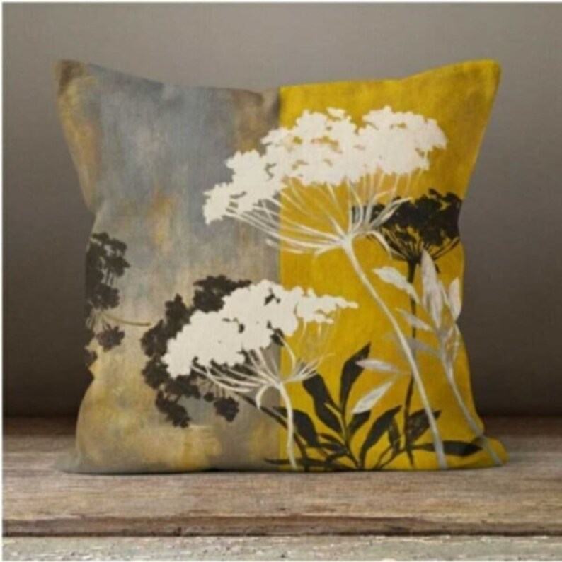 Gold Bird Cushion CoverFlower yellow grey pillow caseMustard Modern leaves Cushion caseGarden throw pillow coverGift for her 4