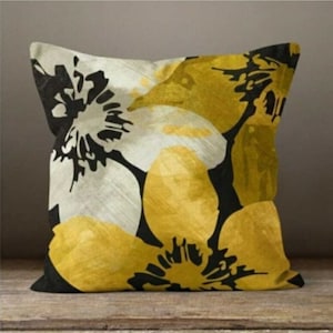 Gold Bird Cushion CoverFlower yellow grey pillow caseMustard Modern leaves Cushion caseGarden throw pillow coverGift for her 2