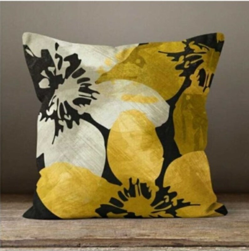 Gold Bird Cushion CoverFlower yellow grey pillow caseMustard Modern leaves Cushion caseGarden throw pillow coverGift for her 2