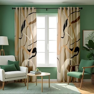 Moderne beige und schwarze Vorhänge, Art-Deco-Vorhänge, Fensterdekoration in neutralen Tönen, minimalistische Wohnkultur, vielseitige Fensterbedeckung