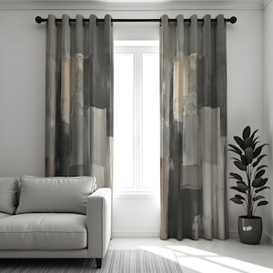 Grey Abstract Curtains, Neutral Brushstroke Pattern Drapes, Modern Contemporary Window Panels, Made to Measure Living Room Decor