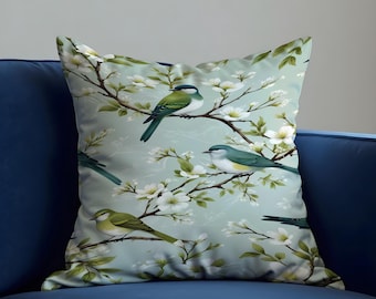 Bird Print Cushion Cover, Botanical Blossom Pillow Case, Nature Bird Throw Cushion Case, Spring Floral Sofa Decor