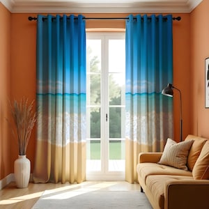 Beach Ocean Scene Curtains, Serene Seaside Window Drapes, Custom Length Curtain Coastal Home Decor, Beachy Vibes, Living Room Curtains