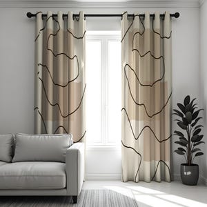 Abstrakte beige schwarze Linie Kunst-Vorhänge, moderne minimalistische Vorhänge, neutrale Ton-Witwenbehandlungen, benutzerdefinierte Wohnzimmervorhänge