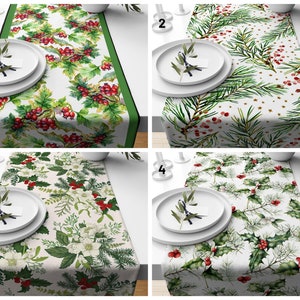 Christmas Table Runner/New year table decoration/Green Leaves Red Berries Runner/Green Coniferous Winter Trend Table Cloth/Farmhouse Design