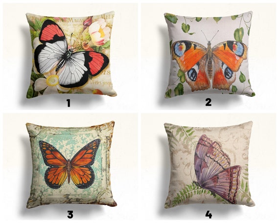 Lot De 4 Housses De Coussin Décoratives Vintage En Coton Et Lin Avec Motif Papillon Pour