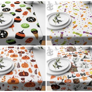 May include: Four different Halloween table runners with various designs. The first runner features cupcakes, doughnuts, and bats. The second runner has a candy cane and candy corn pattern. The third runner has pumpkins and leaves. The fourth runner has ghosts, bats, and the words "Halloween" and "Boo!"