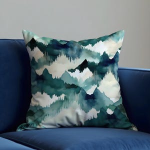 Watercolor Mountain Cushion Cover, Blue Green Forest Landscape Pillow Case, Nature Pattern Home Decor, Artistic Throw Pillow Cover