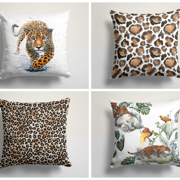 Housse de coussin léopard | Taie d'oreiller Cheetah Jungle | Housse de coussin de la vie sauvage | Housse d'oreiller en plumes d'animaux | Coussin cadeau pour lui | Matériel fait à la main