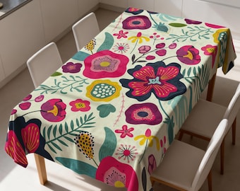 Folk Art Floral Tablecloth, Bright Colorful Flower Print Soft Velvet Washable Table Cover, Vibrant Dining Room Home Decor