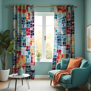 Colorful Grid Curtains, Modern Abstract Drapes, Geometric Pattern Window Panels, Custom Size Bold Art Deco Living Room Decor