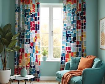 Colorful Grid Curtains, Modern Abstract Drapes, Geometric Pattern Window Panels, Custom Size Bold Art Deco Living Room Decor