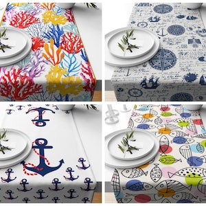 Anchor table runner|Coral table decor|Fish table cloth|Nautical table top|Gift for her table runner|Handmade material
