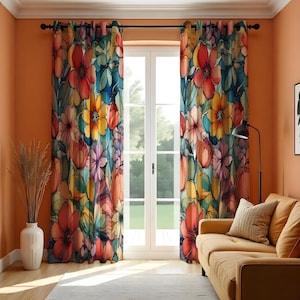 Colorful Floral Curtains, Vibrant Blossoms Drapes, Flower Design Window Treatment, Custom Length Made to Order Curtain Panels