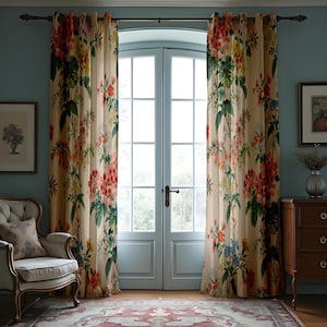 Classic Tropical Floral Curtains, Beige & Botanical Print Drapes, Flower Pattern Window Treatment, Custom Length Panel Curtains