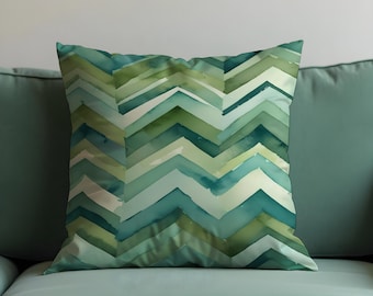 Green Chevron Cushion Cover, Watercolor Zig Zag Pillow Case, Modern Decorative Throw Cushion Case