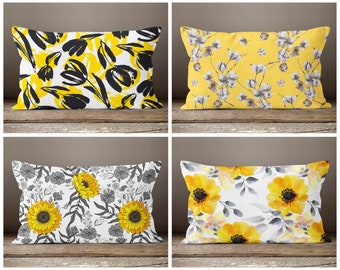 Sunflower rectangle cushion cover/Home decor lumbar cushion case/Yellow grey Summer trend garden pillow case/Housewarming gift