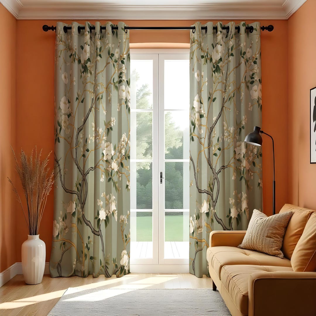 Magnolia Tree Curtains, Chinoiserie Floral Drapes, Green Botanical ...