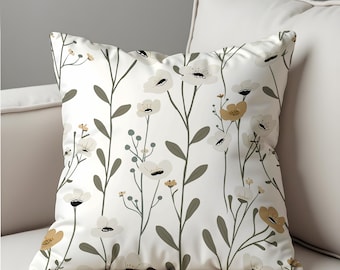 Minimalist Floral Cushion Cover, White and Beige Wildflower Design Pillow Case, Modern Botanical Throw Pillow Cover, Cozy Neutral Decor