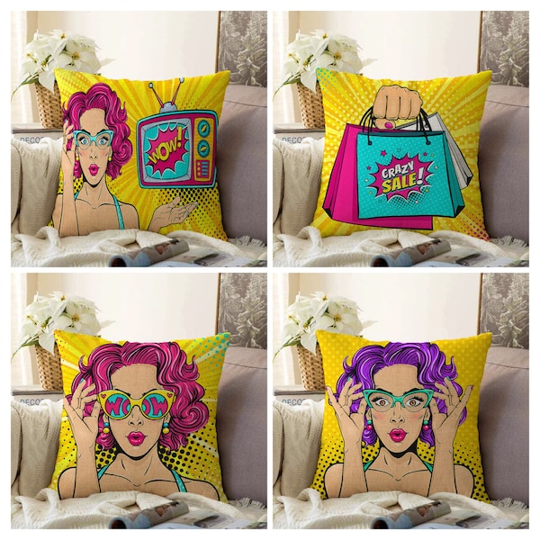 Housse de coussin Pop Art | Taie d'oreiller moderne | Housse de coussin Wow | Décor à la maison rétro | Décoration de maison drôle de visage de femme | Cadeau de pendaison de crémaillère