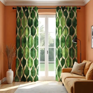 Groene geometrische gordijnen, moderne Marokkaanse latwerkgordijnen, aquareltextuur raamdecoratie, gordijnpanelen woonkamer en slaapkamer