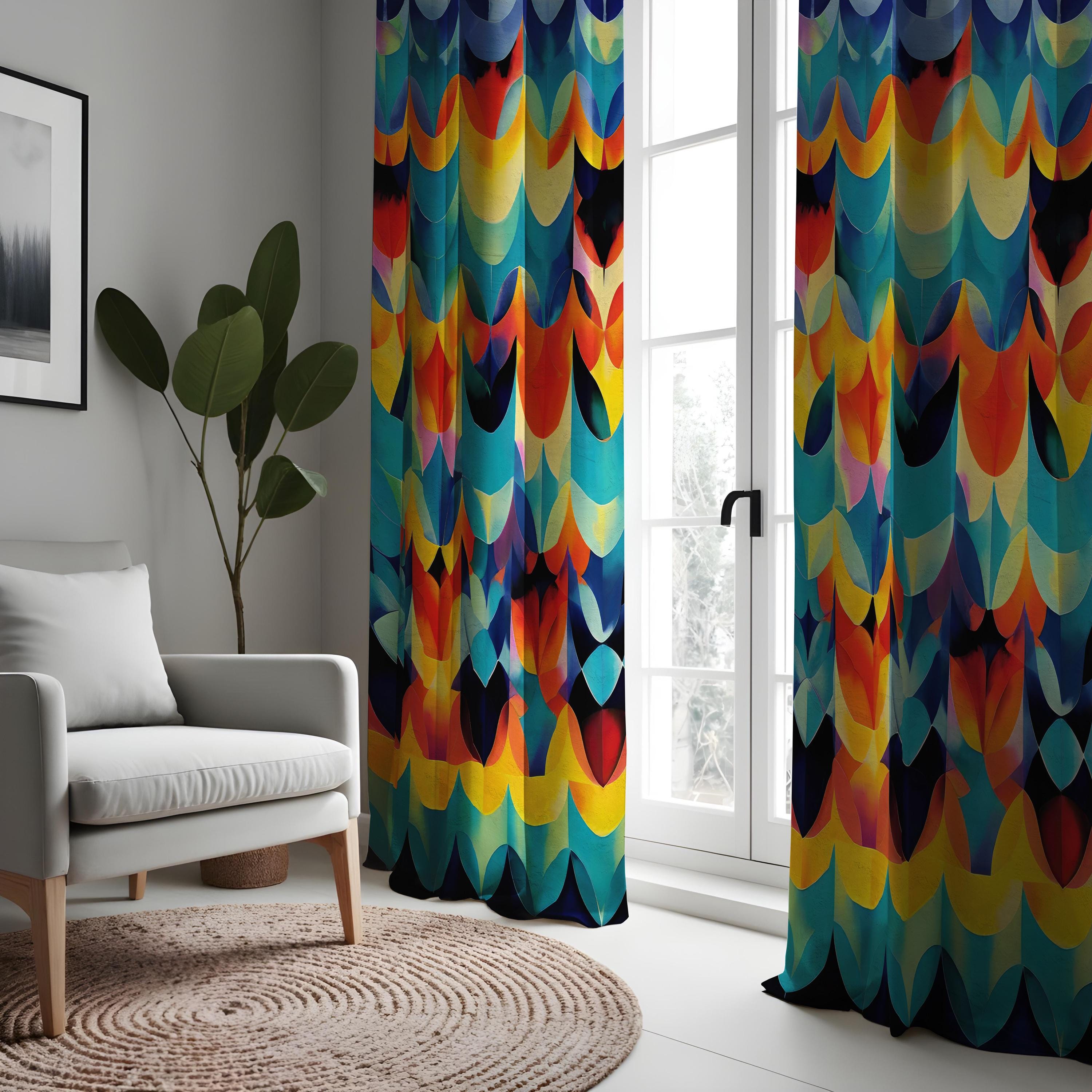 Vibrant Geometric Curtains, Bold Multi-colored Wave Drapes, Colourful