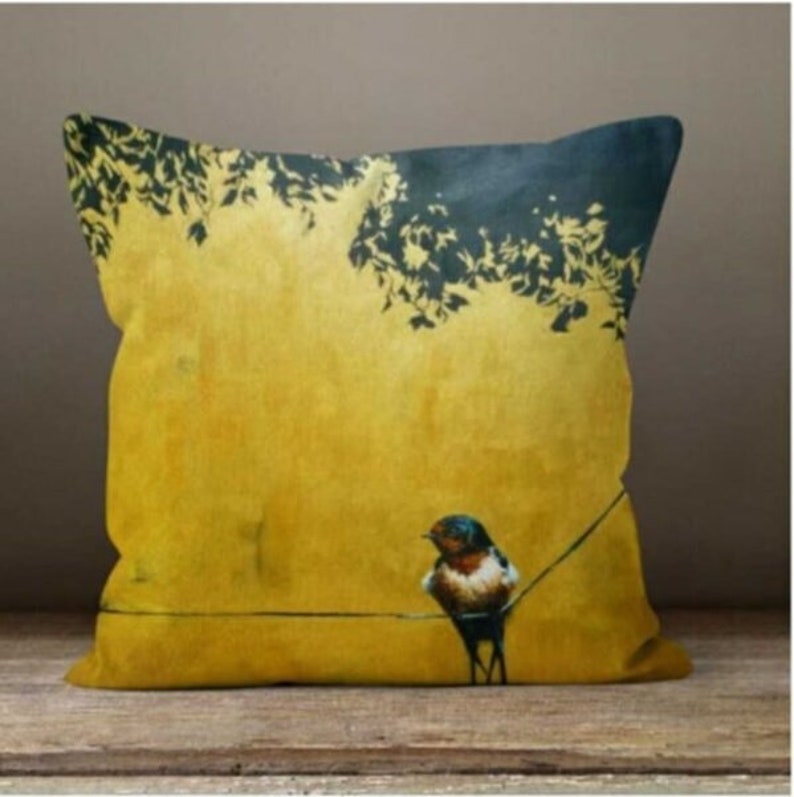 Gold Bird Cushion CoverFlower yellow grey pillow caseMustard Modern leaves Cushion caseGarden throw pillow coverGift for her image 7