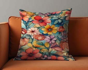 Djärvt boho blommigt kuddfodral, livfullt flerfärgat blommigt örngott, blågrönt dekorativt kuddfodral, eklektisk och maximalistisk heminredning