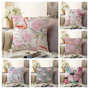Flamingo Pillow Case, Animal Cushion Cover, Flamingo Pink & Grey Cushion Cover, Summer Cushion Case, Housewarming Gift, Animals Home Decor