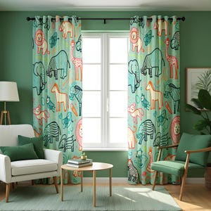 Cortinas coloridas de animales de safari para habitación infantil, paneles de cortina hechos a medida, estampado de zoológico de la selva, cortinas divertidas para la habitación de los niños o la sala de juegos.