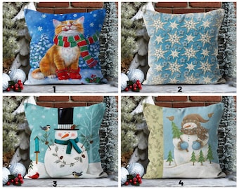 冬の刺繍入りクッションカバー、クリスマスクッション、クリスマス