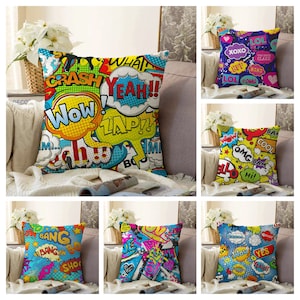 Pop Art Pillow Cover, Modern Illustration Cushion Cover,Wow Omg Bedroom Decoration, Colourful Decorative Living Room Cushion Case,