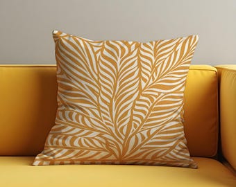 Mustard Yellow Cushion Cover, Botanical Leaf Pillow Case, Modern Fall Throw Pillowcase, Boho Sofa Decor