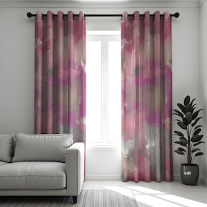 Pink & Gray Abstract Watercolor Curtains, Modern Window Treatment, Living Room and Bedroom Drapes, Custom Curtain Panels