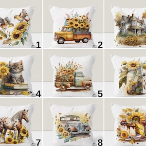 Sunflower Pillow Cover, Farmhouse Decor Cushion, Bird, Horse, Cat Design, Living Room Decor, Rustic Country Home Accent