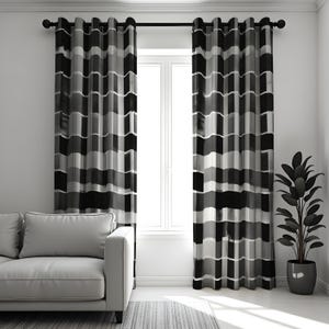Modern Black and White Geometric Curtains, Monochrome Grid Print Drapes, Bold Abstract Window Panels for Minimalist Decor